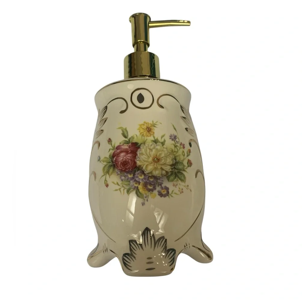 French Country‎ Bathroom 3 Piece Set Accessory Cream Floral Gold Vintage Style